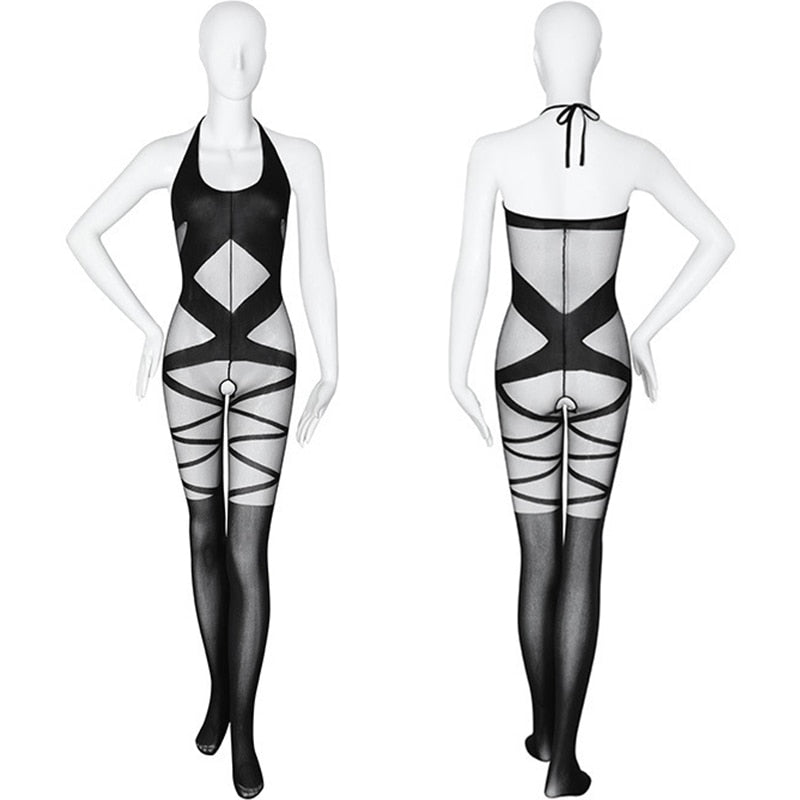 Women Body Stocking Sexy Lingerie Open Crotch Tights Transparent Catsuit Mesh Pantyhose Sling Halter Backless Teddies and bodysuits hot night dresses