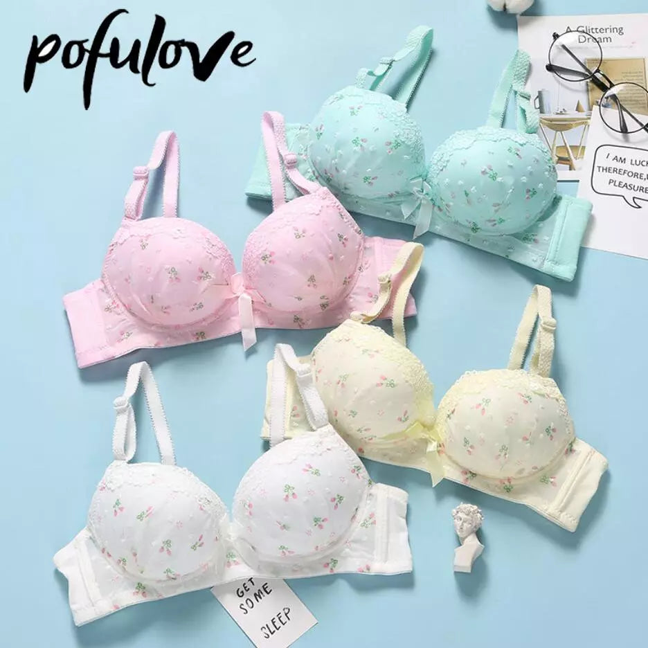 Our Teen Girl Bra Pink Kawaii Lace Floral Bras Push Up Bralette Wireless Underwear Seamless Brassiere Student Lingerie Cute 75 A B