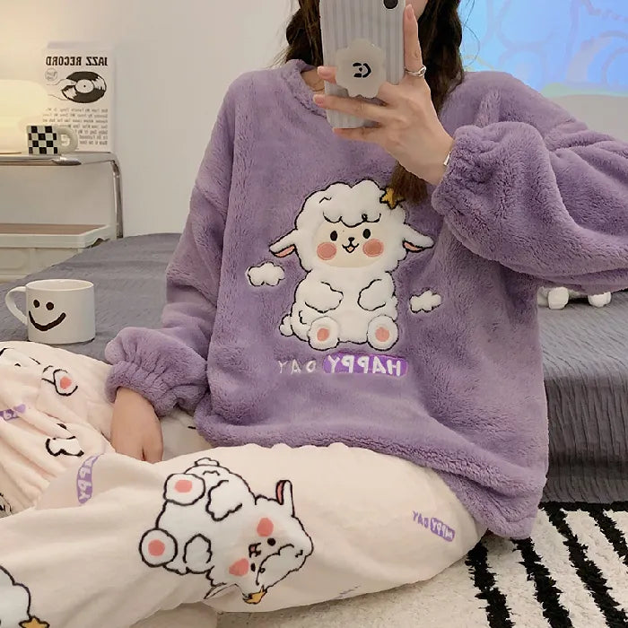 Wavy Autumn Winter New Warm Flannel Women's Pajamas Set Long-sleeved Trousers Two-piece Set Cute Soft Home Wear Clothes for Women