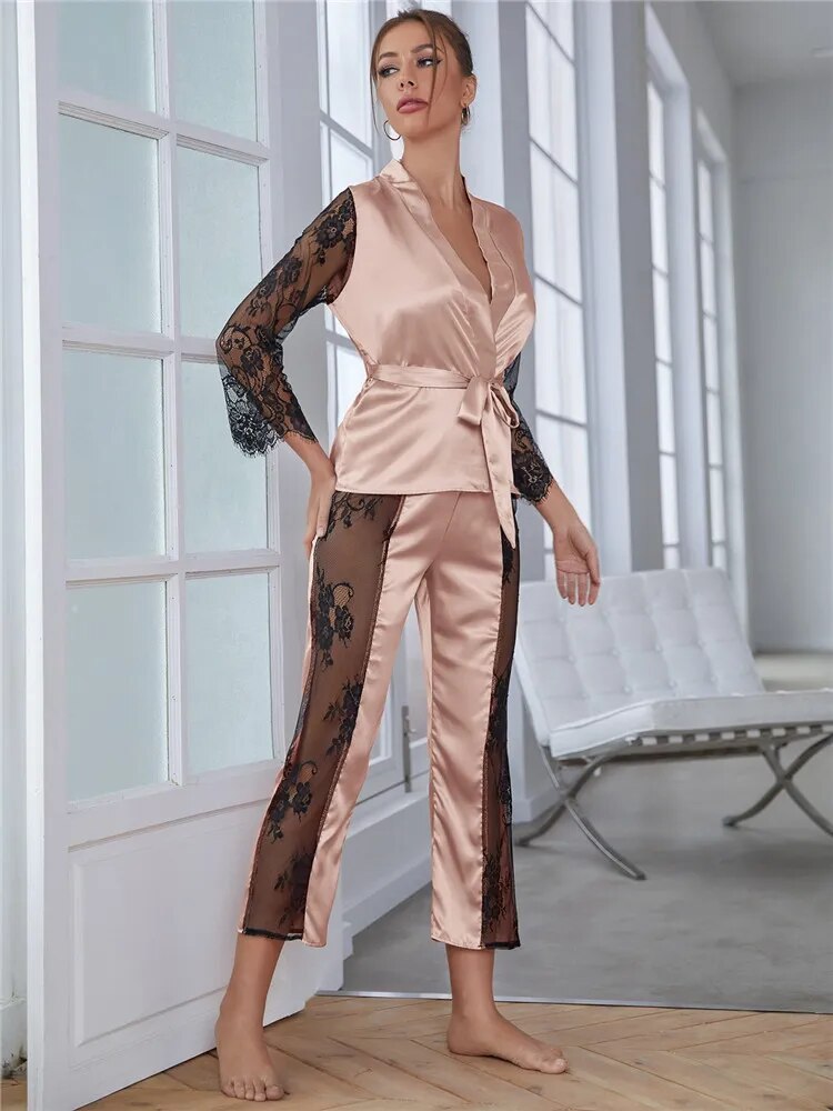 Our sexy luxury pajama for Women's Satin Pajamas Set Gorgeous Sleeve Top with Pant Contrast Lace Lounge Wear Hollow Out 2pcs Sleepwear