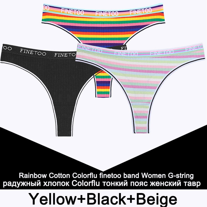 FINETOO 3PCS/Set Sexy Colorful Striped Cotton Lingerie For Women G-string Seamless Thongs Letter Underwear Female Tangas Panties