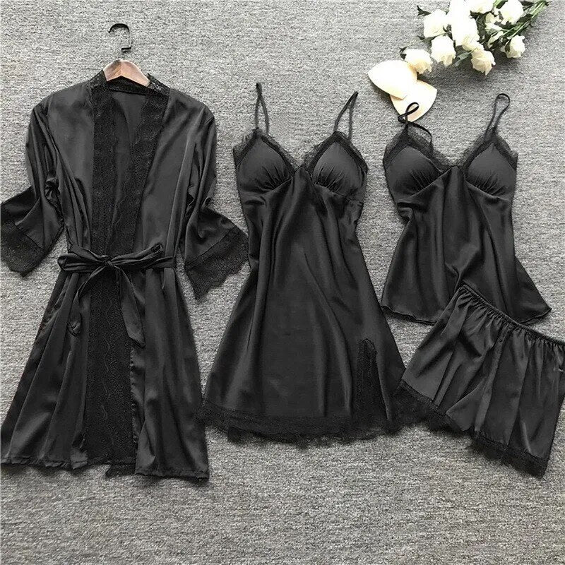 Cartie 4PCS/Set Sleep Suit Women Lace Set Sexy V-Neck Cami Nighties Comfortable Pajamas Nightwear Nightdress Fashion Home Clothes