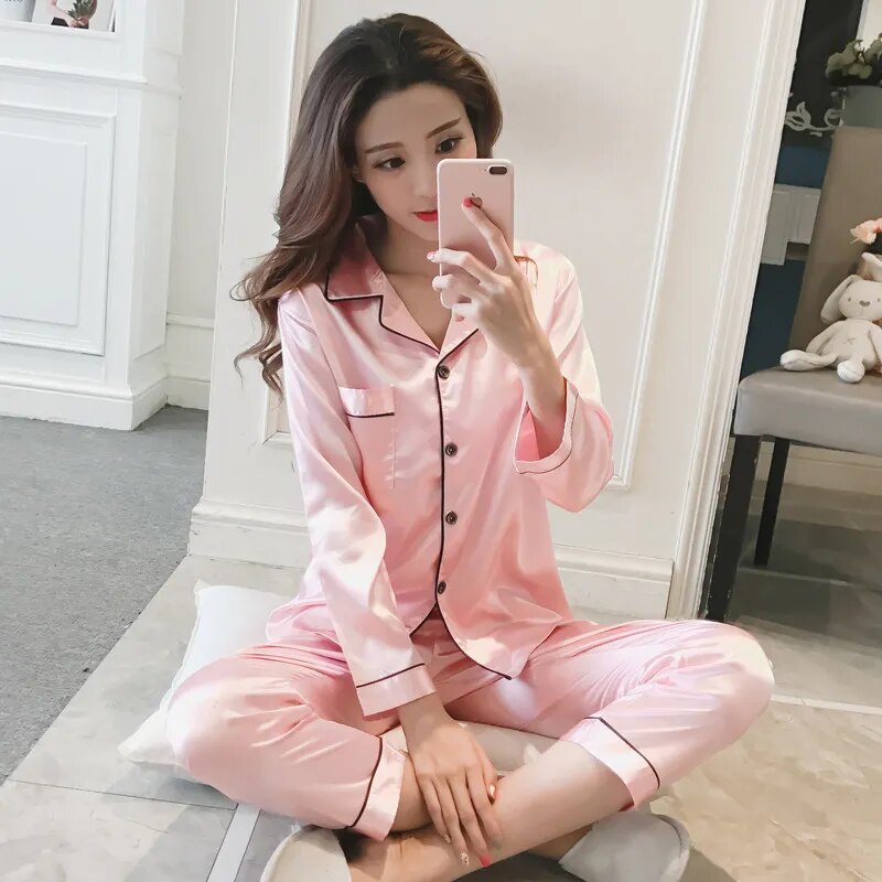 Our Pretty couple set S-6XL Couple Silk Satin Pajamas Women's Men's Long Sleeve Lapel Tops+Pants 2Pcs Pajamas Nightwear Sleepwear Home wear