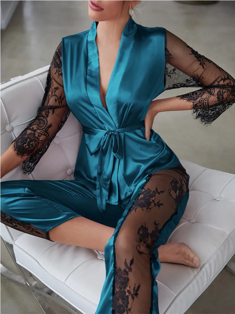 Our sexy luxury pajama for Women's Satin Pajamas Set Gorgeous Sleeve Top with Pant Contrast Lace Lounge Wear Hollow Out 2pcs Sleepwear