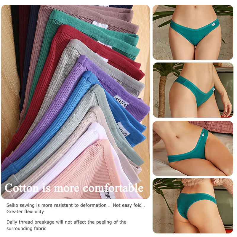 Our finetoo 4Pcs/Set Women Sexy 95%Cotton Brazilian Panties V-Waist Thong/ g-string Solid Color Underwear Low Rise Female Soft Intimates Lingerie