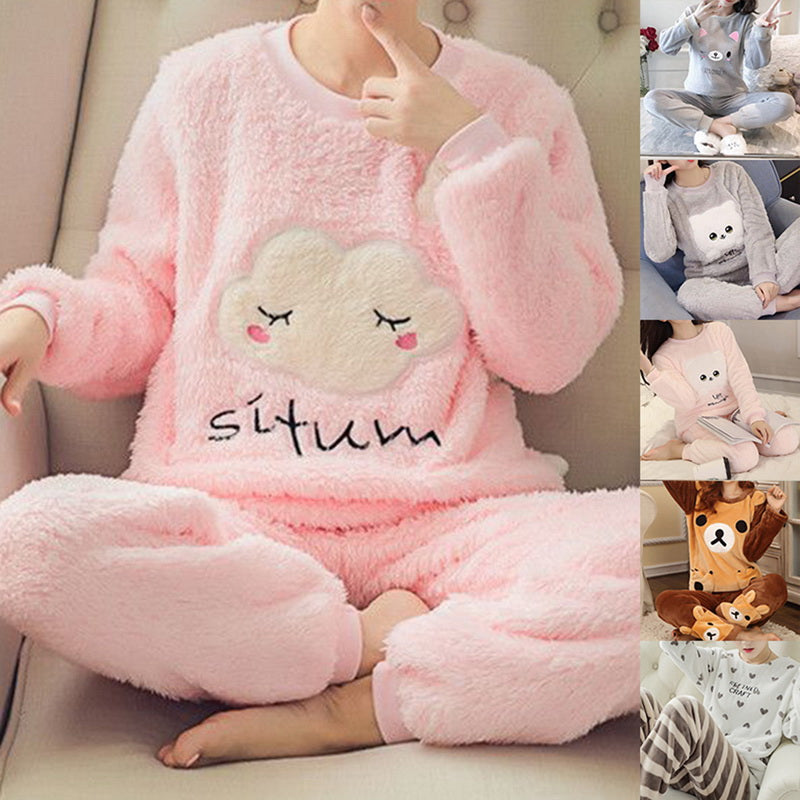 Our fluffy Autumn Winter Warm Flannel Women's Pajamas Set Long-Sleeved Trousers Two-Piece Set Cute Soft Home Wear Clothes For Women