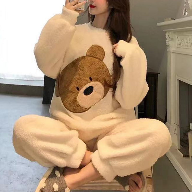 Our fluffy Autumn Winter Warm Flannel Women's Pajamas Set Long-Sleeved Trousers Two-Piece Set Cute Soft Home Wear Clothes For Women